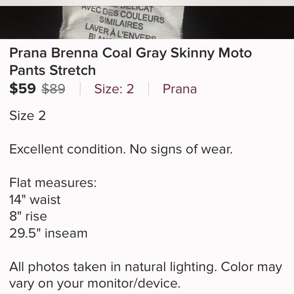 Prana Brenna coal gray skinny moto pant stretch - Picture 5 of 7
